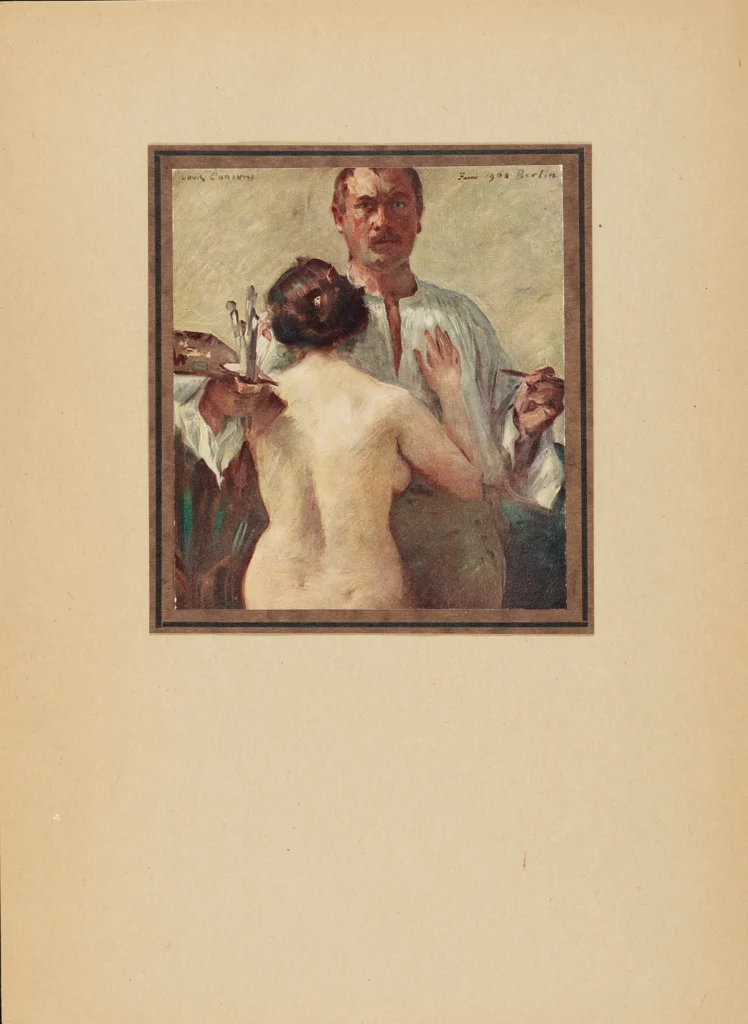 Halbakt einer Frau von hinten vor einem Mann in weißem Hemd in einem gemalten Porträt mit beige-braunem Rahmen