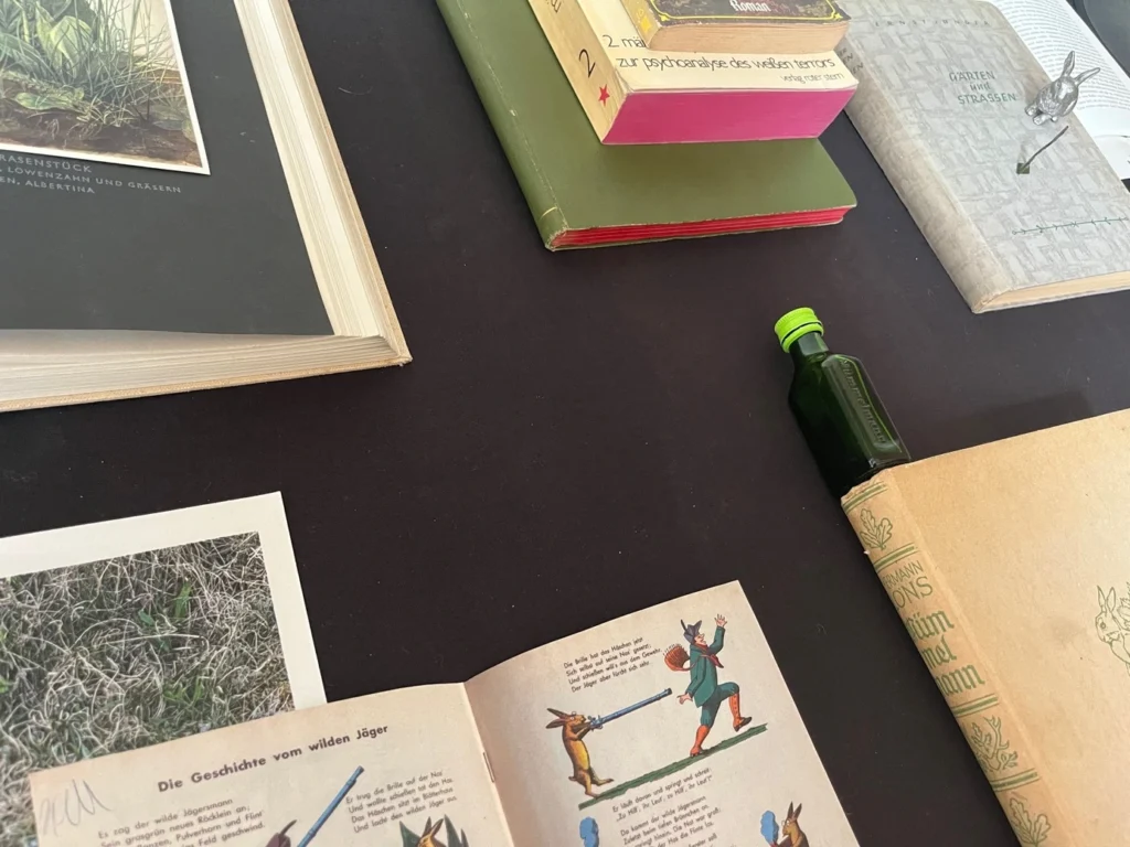 Aufgeschlagene und geschlossene Bücher liegen auf einem dunklen Tisch, darunter ein aufgeschlagenes Kinderbuch mit farbigen Tierillustrationen und Text in deutscher Sprache