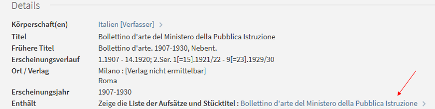Screenshot einer Webseite mit Details zu einer italienischen Körperschaft und einem Titel in italienischer Sprache, darunter ein Pfeil, der auf einen Link zeigt