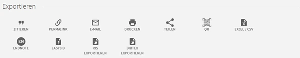 Schwarz-weiße Piktogrammreihe mit Symbolen für Exportieren, darunter ZITIEREN, PERMLINK, E-MAIL, DRUCKEN, TEILEN, RIS EXPORTIEREN, BIBTEX EXPORTIEREN und EXCEL/CSV.
