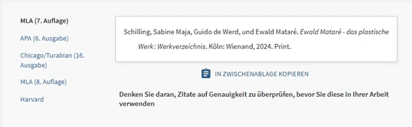 Ausschnitt aus einem Literaturverzeichnis mit dem Eintrag zu Ewald Mataré und dem Hinweis, Zitate vor Verwendung auf Genauigkeit zu prüfen