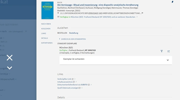 Screenshot einer Webseite mit Buchbestell- und Ausleihinformationen sowie Links und Details zu einem Exemplar in München
