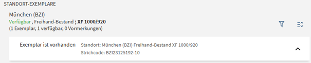 Screenshot einer Datenbankanzeige mit Standort München und Verfügbarkeitsinformationen für ein Exemplar mit Strichcode BZI23125192-10