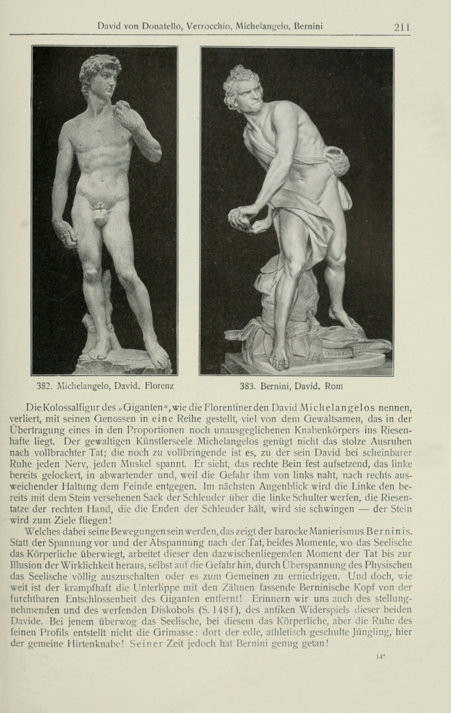 Schwarz-weiße Abbildung zweier klassischer Statuen männlicher Figuren, links stehender nackter Jüngling mit erhobenem Arm, rechts bekleideter Mann in dynamischer Haltung mit einem Stein in der Hand