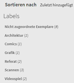 Liste mit Kategorien und Anzahl der zugeordneten Exemplare in einer Benutzeroberfläche