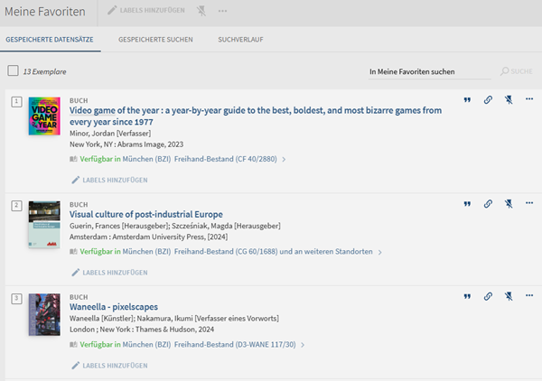 Screenshot einer digitalen Bibliotheksoberfläche mit einer Liste gespeicherter Buchdatensätze und Suchoptionen