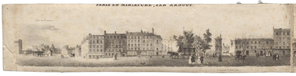 Schwarz-weiße Panoramazeichnung einer historischen Stadtansicht mit Gebäuden, Bäumen und Pferdekutschen