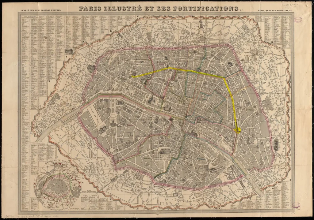 Schwarz-weiße Linienzeichnung einer historischen Stadtkarte von Paris mit eingezeichneten Stadtmauern und einem gelb markierten Weg