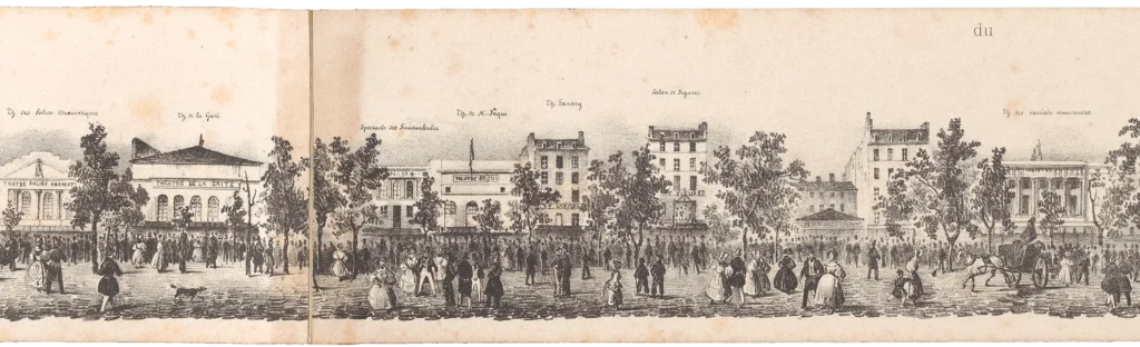 Schwarz-weiße Panorama-Linienzeichnung einer belebten Straße mit mehreren Gebäuden und Menschen in historischer Kleidung
