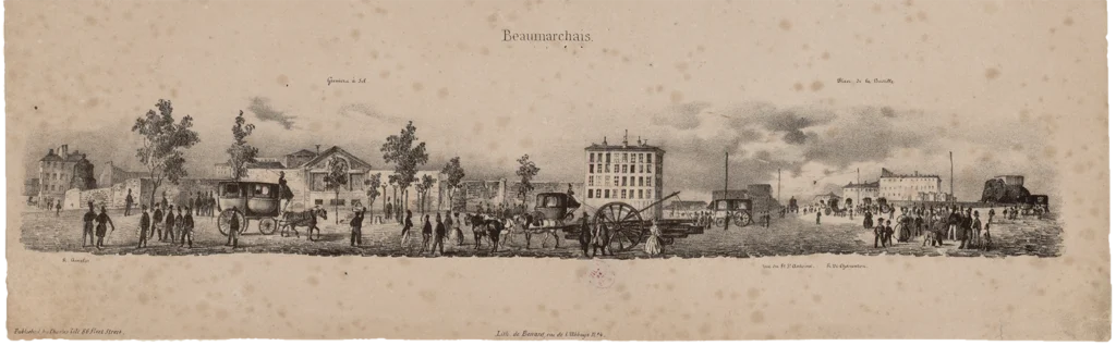 Schwarz-weiße Panorama-Linienzeichnung eines belebten Boulevards mit Gebäuden, Kutschen und Menschen